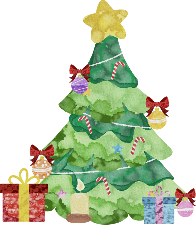 Christmas tree with gift and decoration in watercolor painting paper style